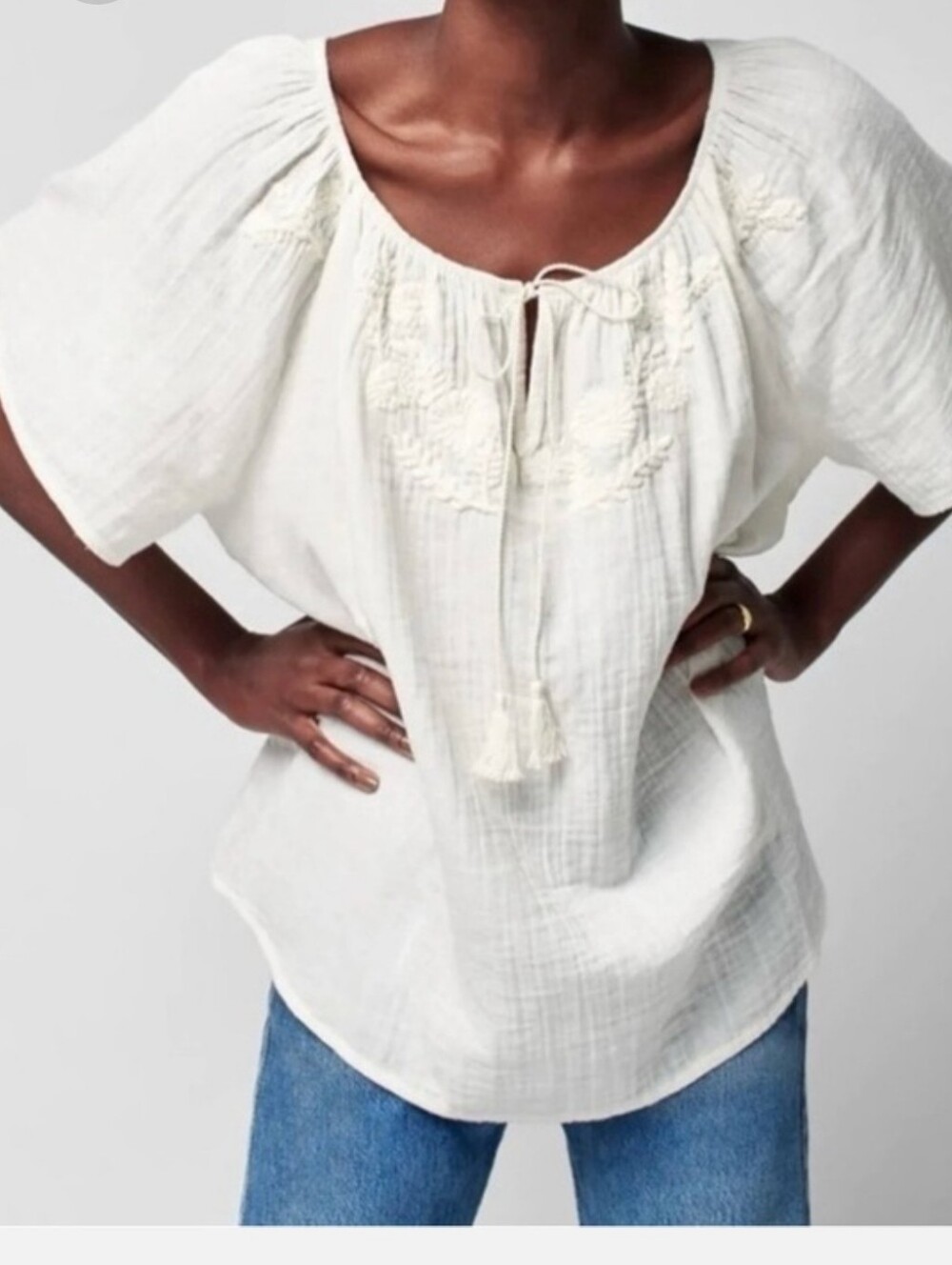 Faherty White Top Embroidered Tassel Tie Organic Cotton Peasant Top Size XS